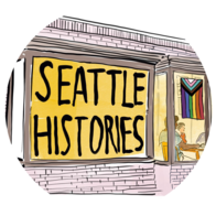 An illustration of a brick building with a window that reads "Seattle Histories" and a pride flag hanging in a smaller window. 
