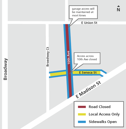 10th Ave is closed between E Union and E Madison streets. 