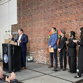 Mayor Bruce Harrell speaks at the Downtown Activation Plan press conference at Kasama Pioneer Square