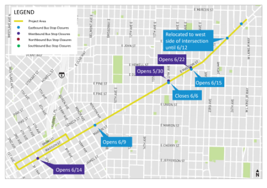 A map showing current and upcoming bus stop closures and relocations