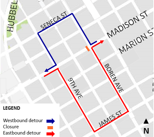 Detour map showing how drivers can navigate intersection closure at Madison St and Boren Ave