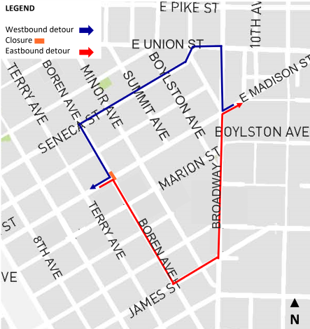 Detour map showing how drivers can navigate intersection closure at Madison St and Boren Ave