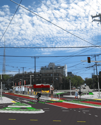 A rendering of a new center-running station at E Madison St and 12th Ave.