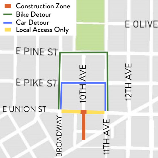Detour map showing how drivers can navigate intersection closure at 10th Ave and Union St