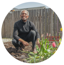 A Black man kneeling down in a garden bed next to colorful tulips. 