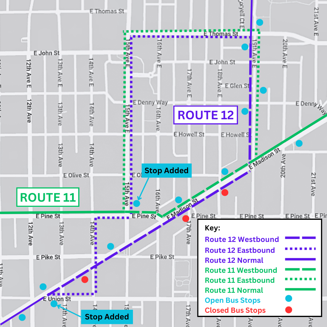 Map of Capitol Hill showing Routes 11 & 12 reroute and bus stop closures. Visit King County Metro's Transit Alert page for more information.