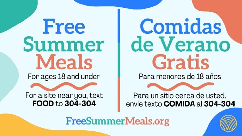 Graphic with text for Free Summer Meals / Comidas de Verano Gratis and the URL FreeSummerMeals.org to locate a site near you