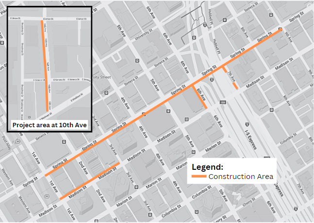 Map of the milling and paving project area in Downtown and Capitol Hill