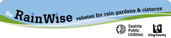 Header image with text "Be RainWise - rebates for rain gardens and cisterns"