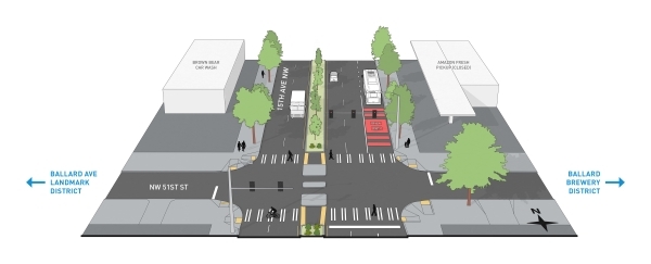 Rendering of new crosswalks with protective median and signal at NW 51st St and 15th Ave NW