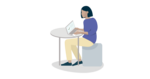 Graphic of woman sitting at a table on her laptop computer