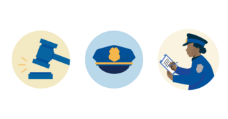Circle graphics of a gavel, police hat and female police officer writing on a clipboard