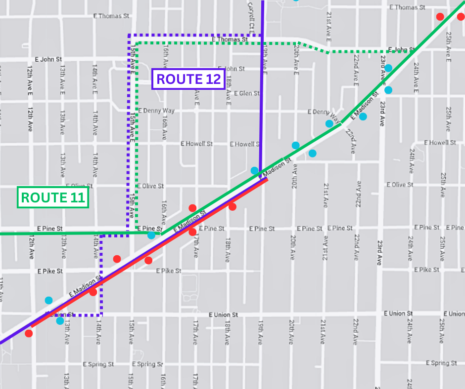 Map of detours for the routes 11 and 12 in Capitol Hill