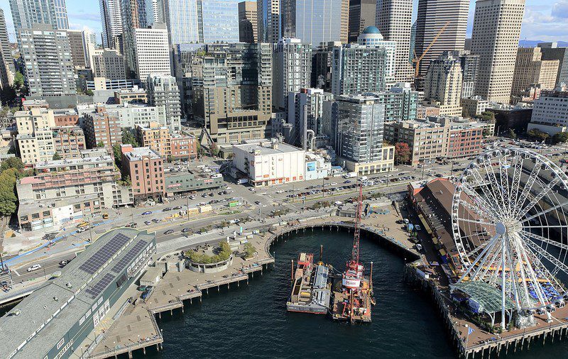 Aerial view of Seattle's waterfront between Pike and Spring streets, 2019. Photo Credit: WSDOT
