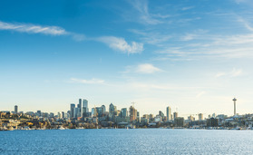 Seattle skyline viewed from Lake Union on a sunny day