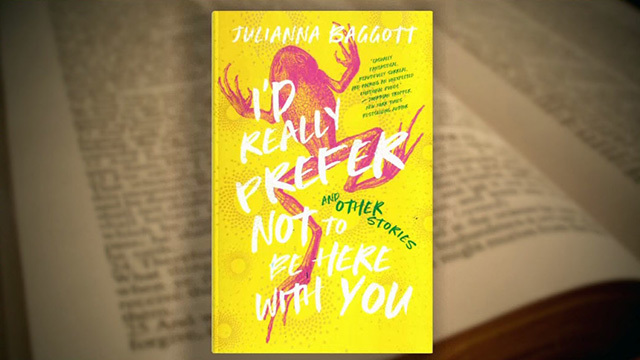 Yellow book cover with pink frog, overlaid title reads "I'd Really Prefer Not to Be Here with You."
