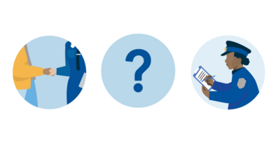 Three graphic circles depicting a handshake between a civilian and a police officer, a question mark, and a female police officer with a clipboard
