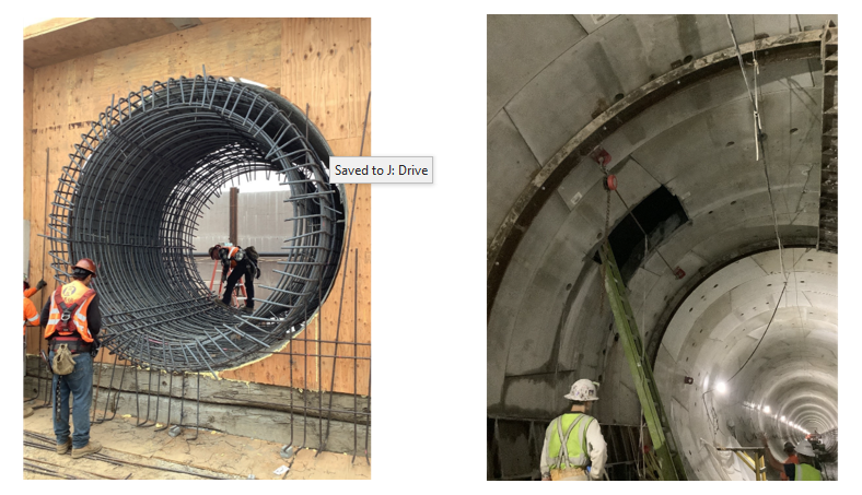 Crews building mock-up and making a cut inside the tunnel at East Ballard to prepare for the adit installation.