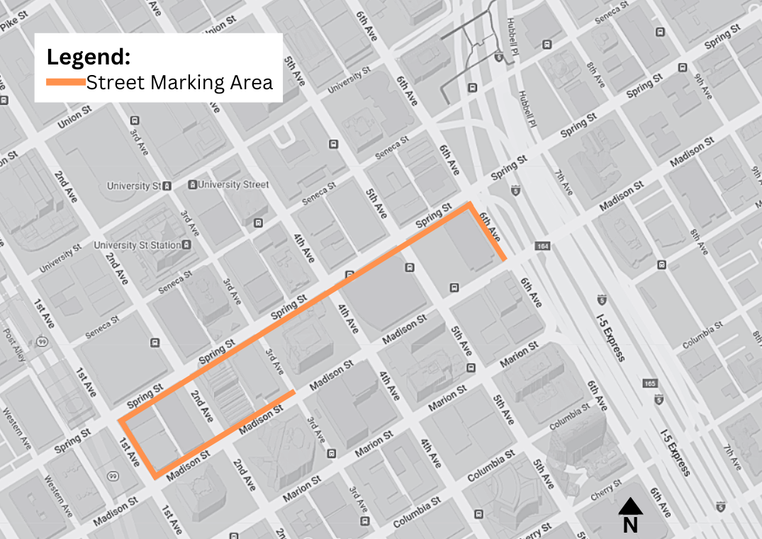 A Map of Downtown showing where street markings will be added starting next week.