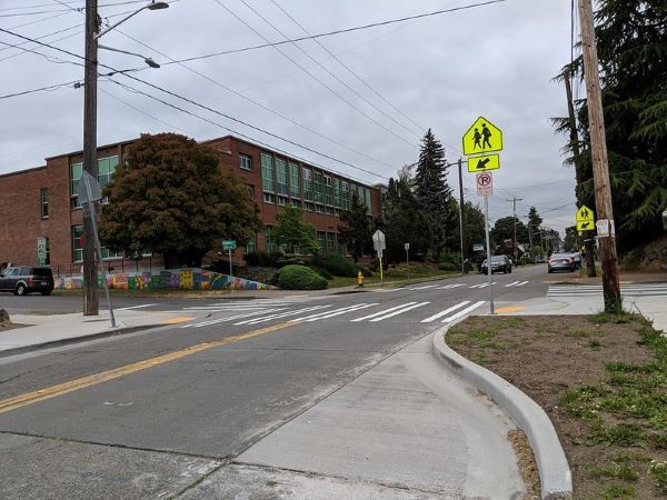 Curb bulb, ADA ramp, and crosswalk at Aki Kurose Middle School