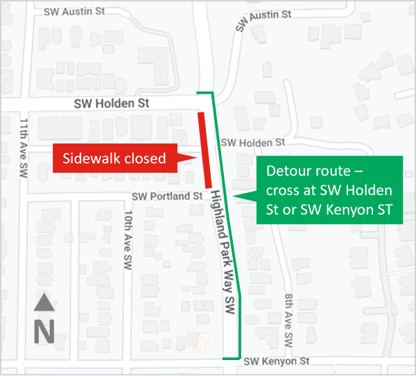 Map of pedestrian detour route along the east side of Highland Park Way SW with crossings at SW Holden St and SW Kenyon St