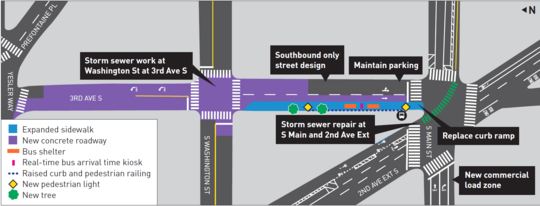 Graphic map showing planned upgrades to the bus stop at 3rd Ave S and S Main St 