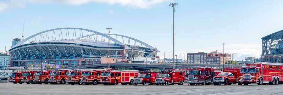 Seattle Fire apparatus staging for exercise with U.S. Coast Guard and U.S. Navy