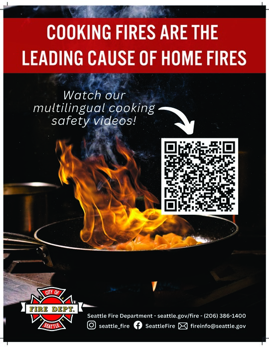 pan on fire with the words cooking fires are the leading cause of home fires. Watch our multilingual cooking safety videos with QR code