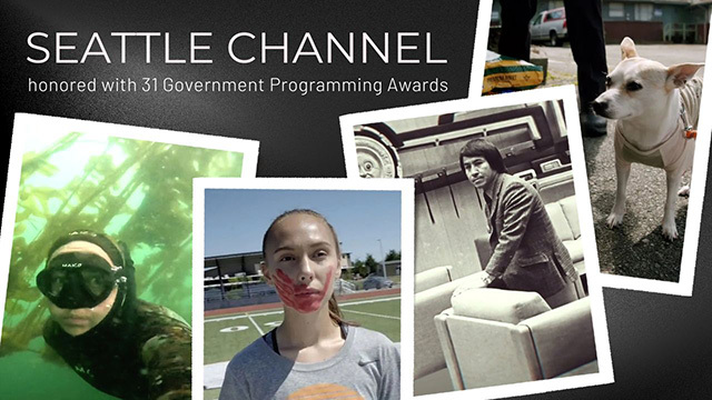 Four photos, three of individuals, one of white chihuahua, text above reads "Seattle Channel honored with 31 Government Programming Awards"