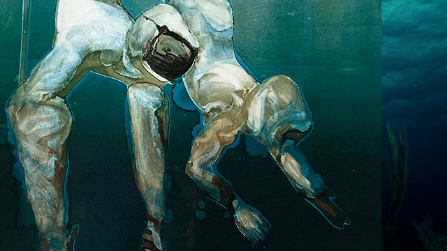 Painting of two divers in white diving in turquoise water