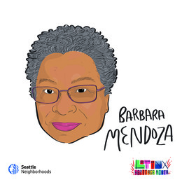 An illustration of a woman with dark skin, short black/grey hair, and glasses. Handwritten text says "Barbara Mendoza and Latinx Heritage Month."