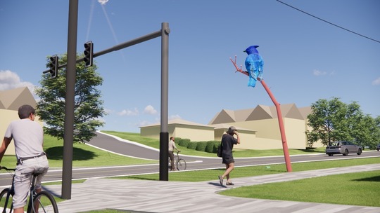 Rendering of a 12-foot tall sculpture of a Stellar's jay sitting on a branch and is mounted in the ground and watches over the street