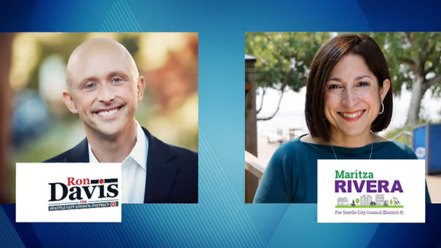 Blue background with side-by-side headshots of Ron Davis (bald) and Maritza Rivera (short, dark hair)