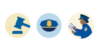 Three graphic circles with a gavel, a police hat and a female police officer with a clip board