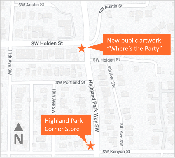 Map showing the location of the new sculpture at the Highland Park Corner Store
