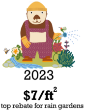 Cartoon otter watering a garden with text explaining that the top rebate available for rain gardens is $7 per square foot