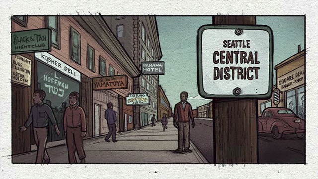 Illustrated scene with Seattle Central District sign in foreground, street, shops, people walking behind