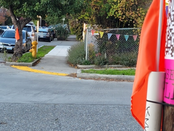 New safety flags and pedestrian crossings installed near the Wallingford construction area