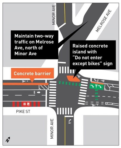 Detailed diagram of planned changes at the intersection of Pike St, Minor Ave, and Melrose Ave.