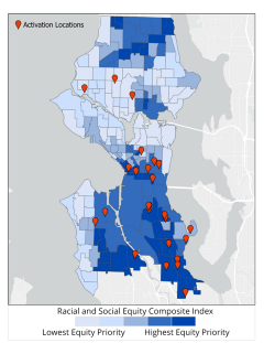 Map of Seattle showing that many park activations were held in higher equity priority areas