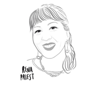 Digital illustration of Rena Priest in black and white. Text in the upper right: Native American Heritage Month.