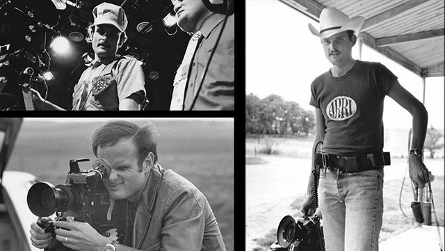 Three black and white photos in a collage, same man holds camera, wears cowboy hat, looks down into camera