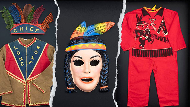 Three images, from left to right: top and feathered headdress, mask with feathered headband, red one-piece outfit with Native American caricature