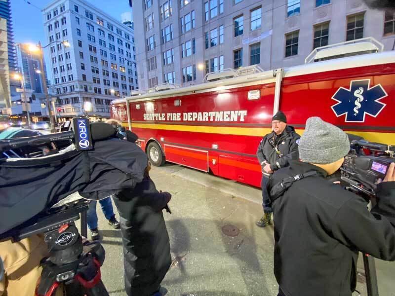 Lt. Roger Webber interviews with local media to inform the community of Seattle Fire's cold weather response for unhoused people