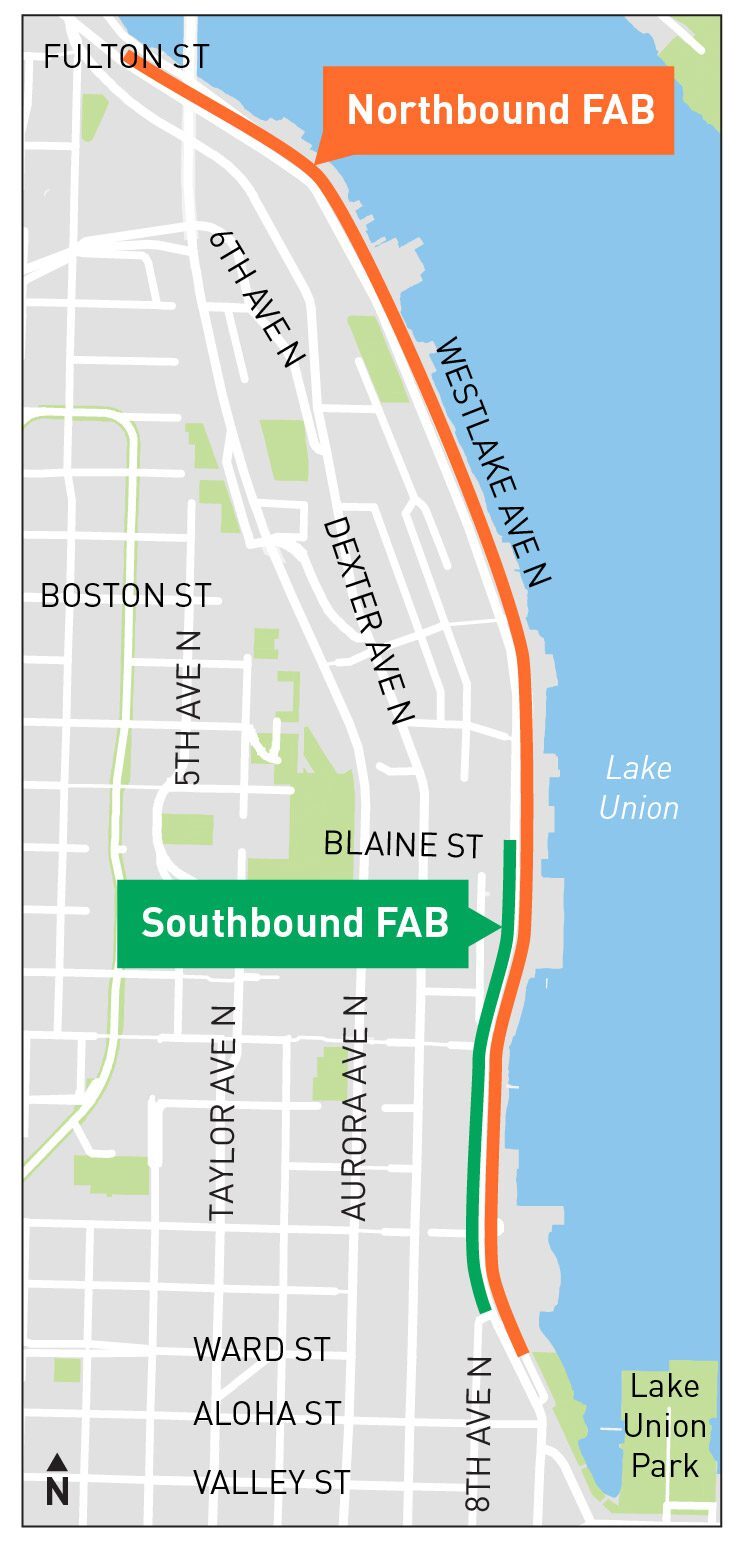 Graphic map showing Northbound FAB lane in orange with Southbound FAB lane in green. Credit: SDOT