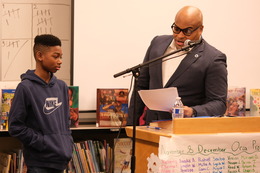 OCR Director Derrick Wheeler Smith recognizes outstanding student leadership at Orca K8 PTSA's annual Race Forum. 