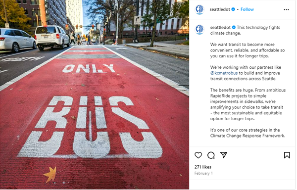 Instagram post of the month featuring a bus lane that says "This technology fights climate change"