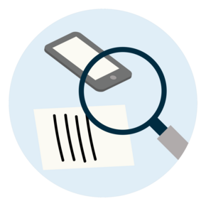 Graphic illustration of a magnifying glass looking at a document. 