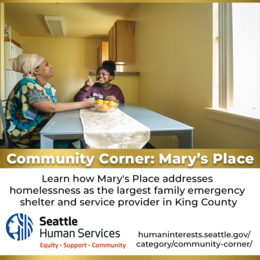 Community Corner Graphic reading learn about Marys Place with Two people sitting at a table