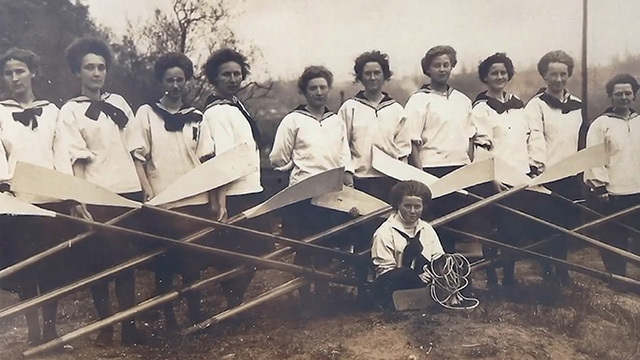 A vintage photo of the University of Washington's women's rowing team